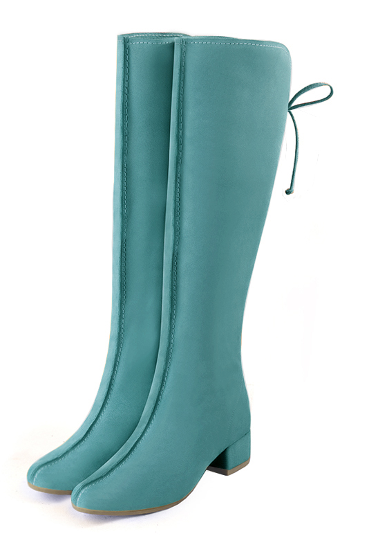 Aquamarine blue women's knee-high boots, with laces at the back. Round toe. Low block heels. Made to measure. Front view - Florence KOOIJMAN